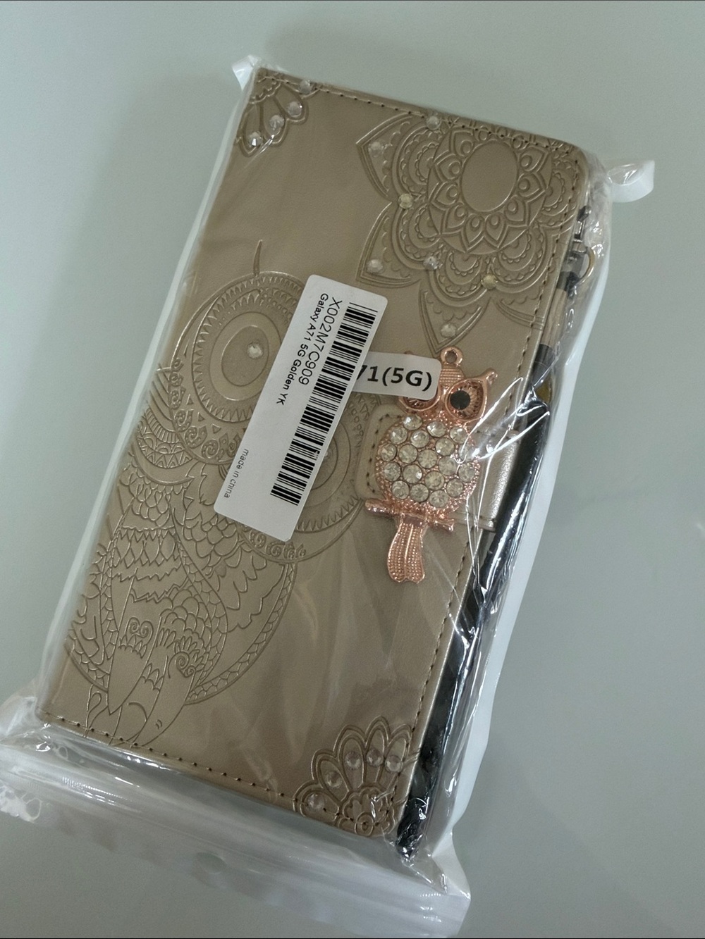 Embellished Owl Wallet Phone Case in Champagne Gold - Samsung Galaxy A71 5G
